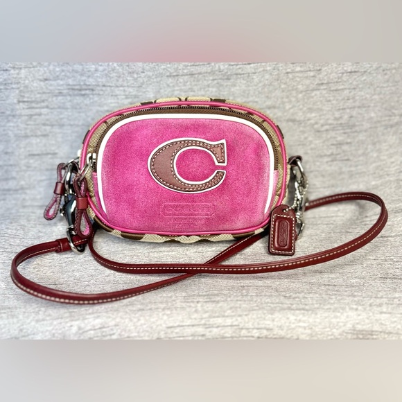 Coach Vintage Y2K Pink Suede, Signature Jacquard & Brown Leather Crossbody 7”x5” - Picture 8 of 17